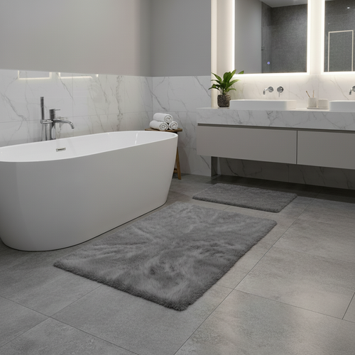 Derya Home Luna Rabbit Fur Look Ultra Soft 2-Piece Bath Set - Grey 80 x 50 cm